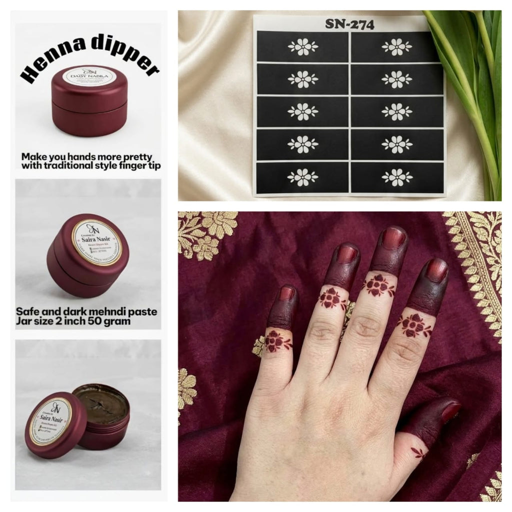 Henna Dipper Kit - Maroon Henna Dipper | Instant Henna Dipper Set with Finger Mehndi Stickers SN-274