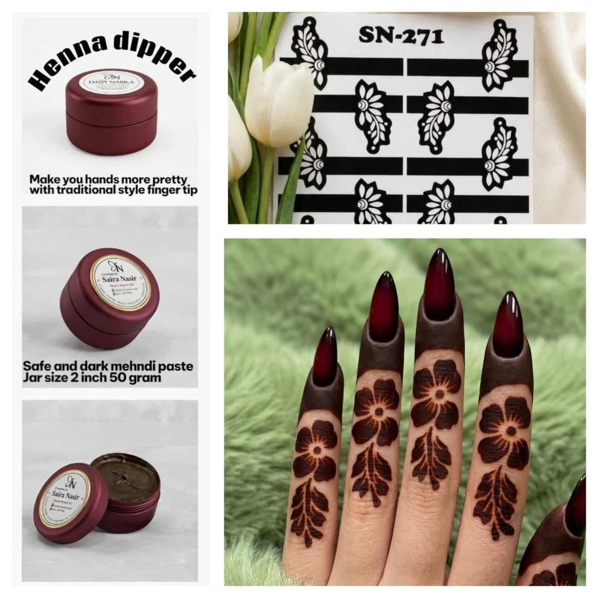 Henna Dipper Kit - Maroon Henna Dipper | Instant Henna Dipper Set with Finger Mehndi Stickers SN-271