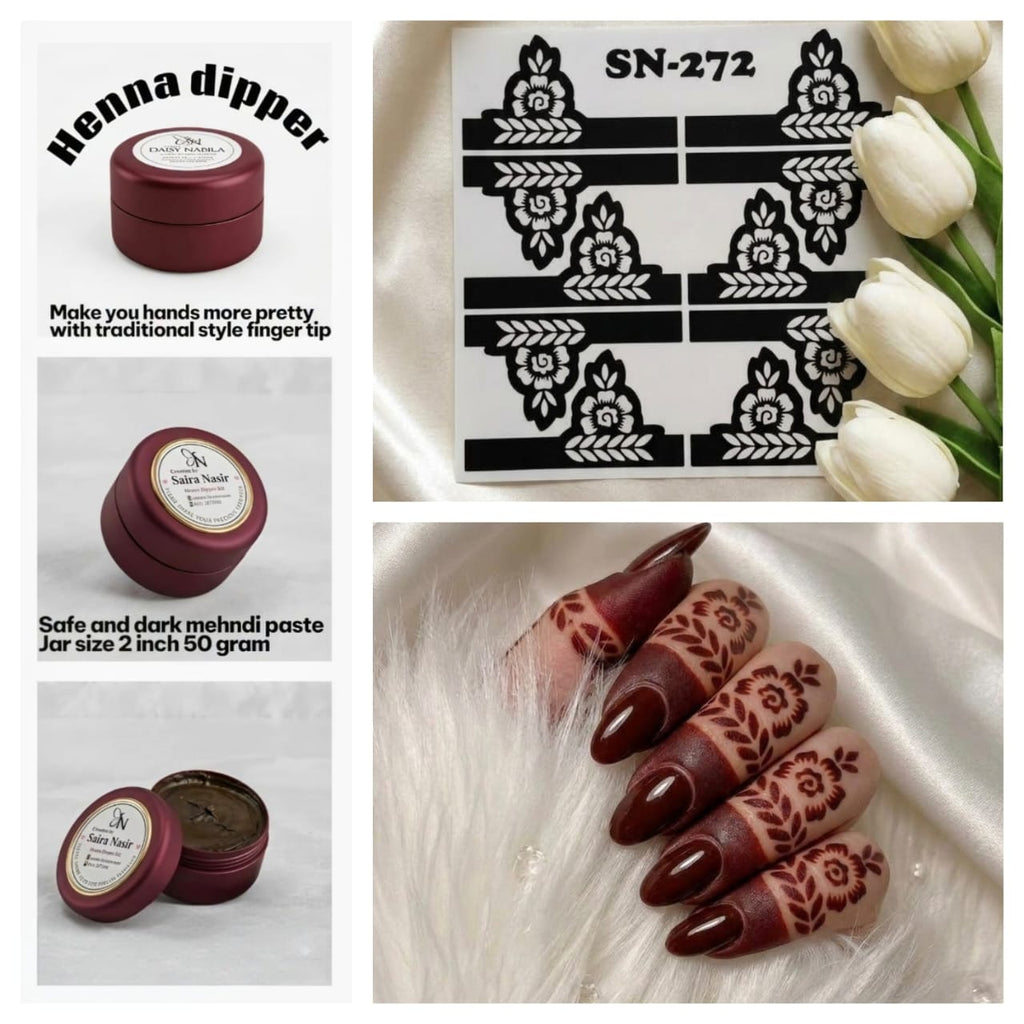 Henna Dipper Kit - Maroon Henna Dipper | Instant Henna Dipper Set with Finger Mehndi Stickers SN-272