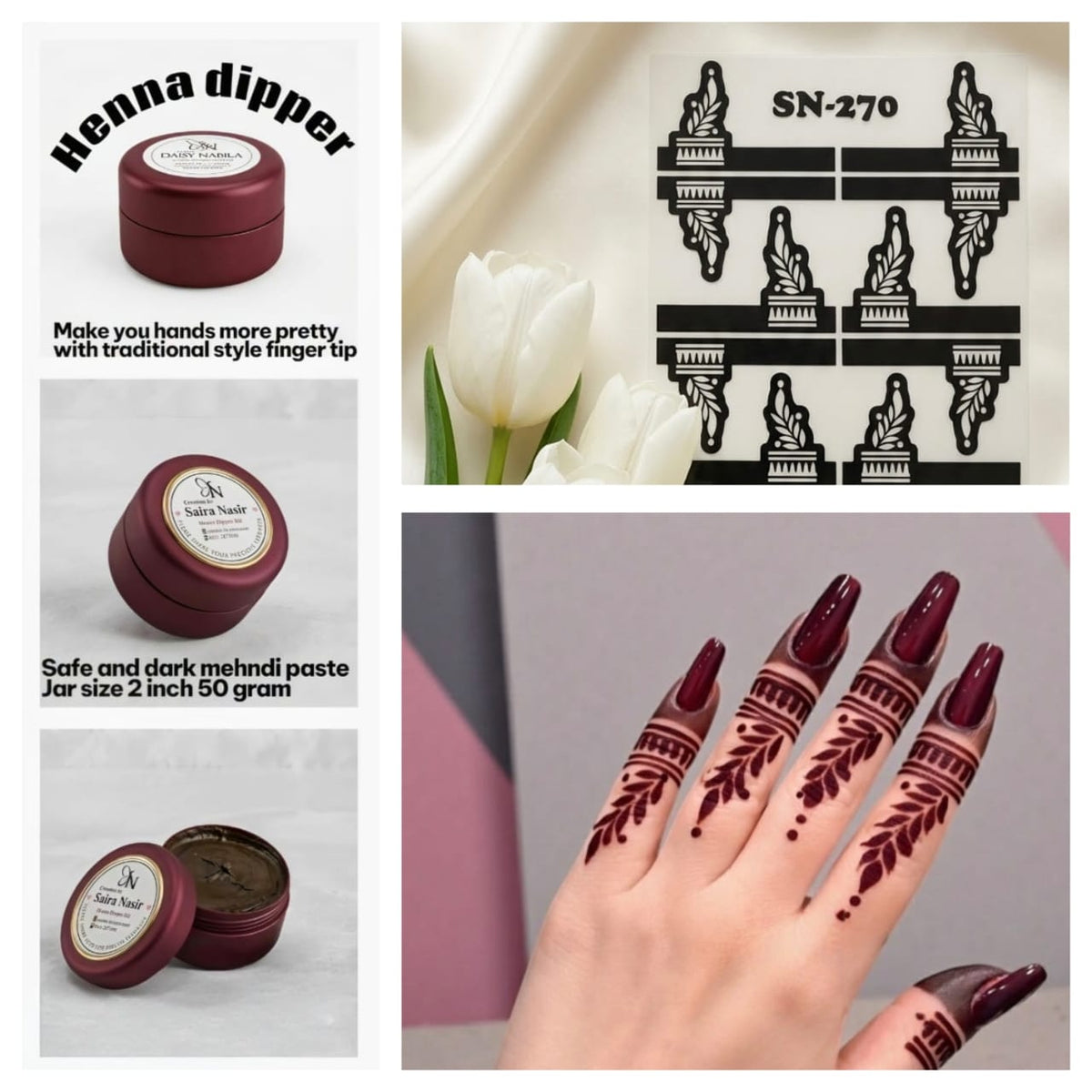 Henna Dipper Kit - Maroon Henna Dipper | Instant Henna Dipper Set with Finger Mehndi Stickers SN-270