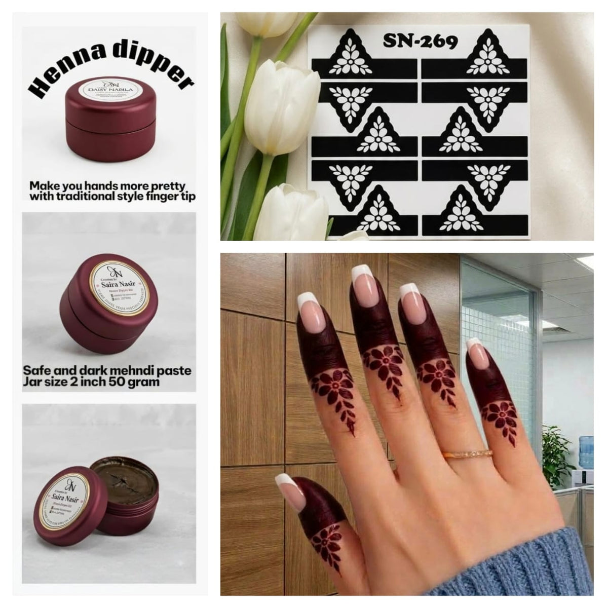 Henna Dipper Kit - Maroon Henna Dipper | Instant Henna Dipper Set with Finger Mehndi Stickers SN-269