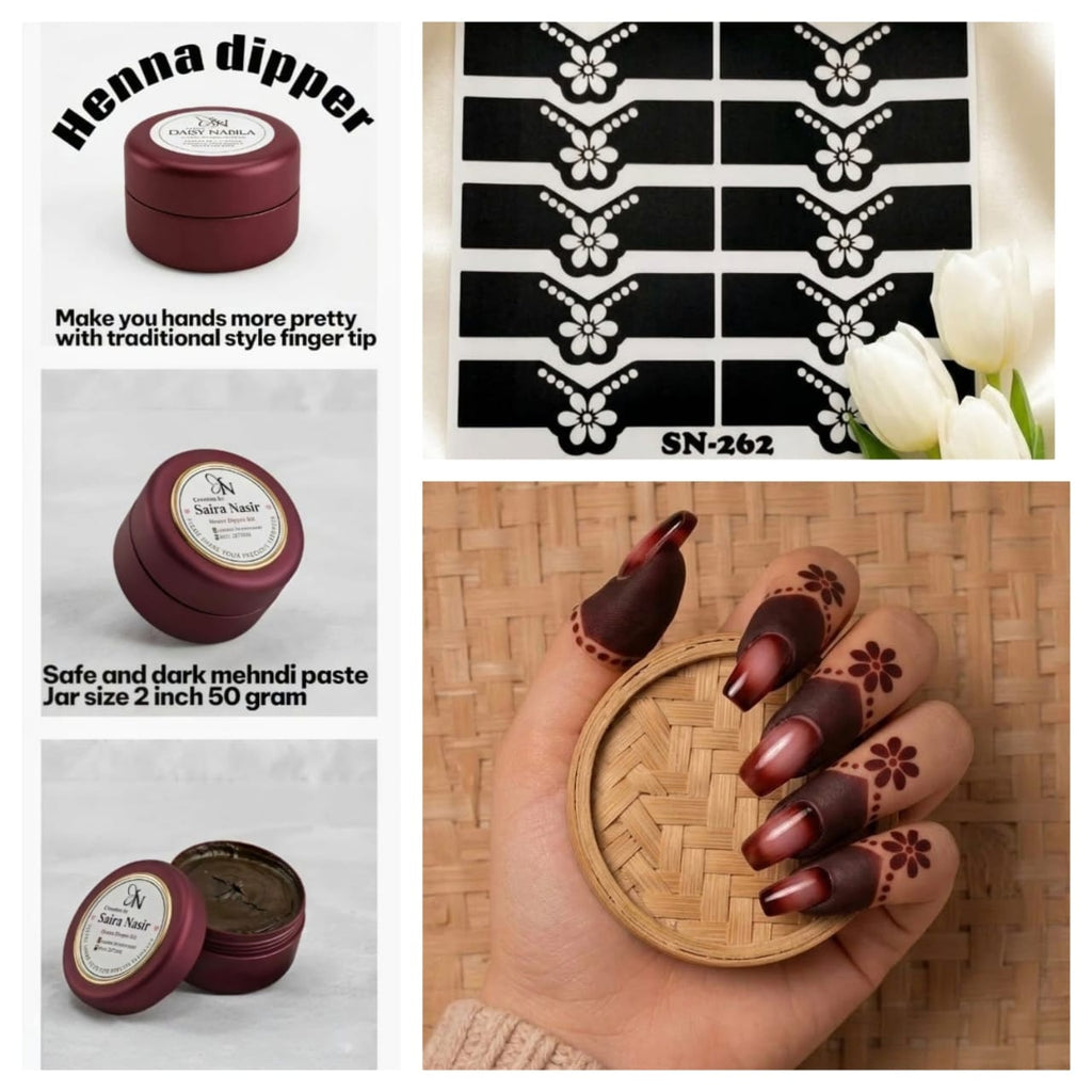 Henna Dipper Kit - Maroon Henna Dipper | Instant Henna Dipper Set with Finger Mehndi Stickers SN-262