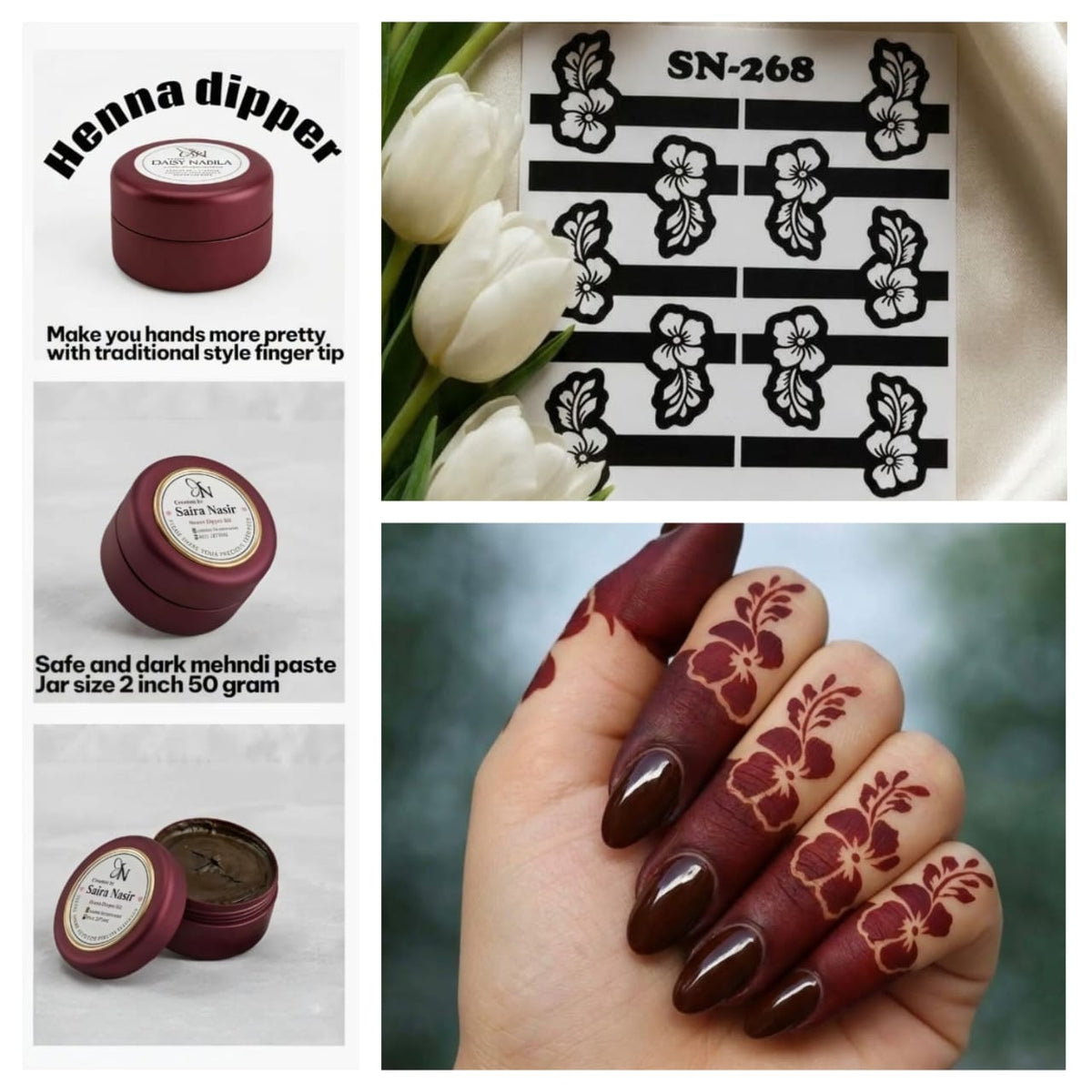 Henna Dipper Kit - Maroon Henna Dipper | Instant Henna Dipper Set with Finger Mehndi Stickers SN-268