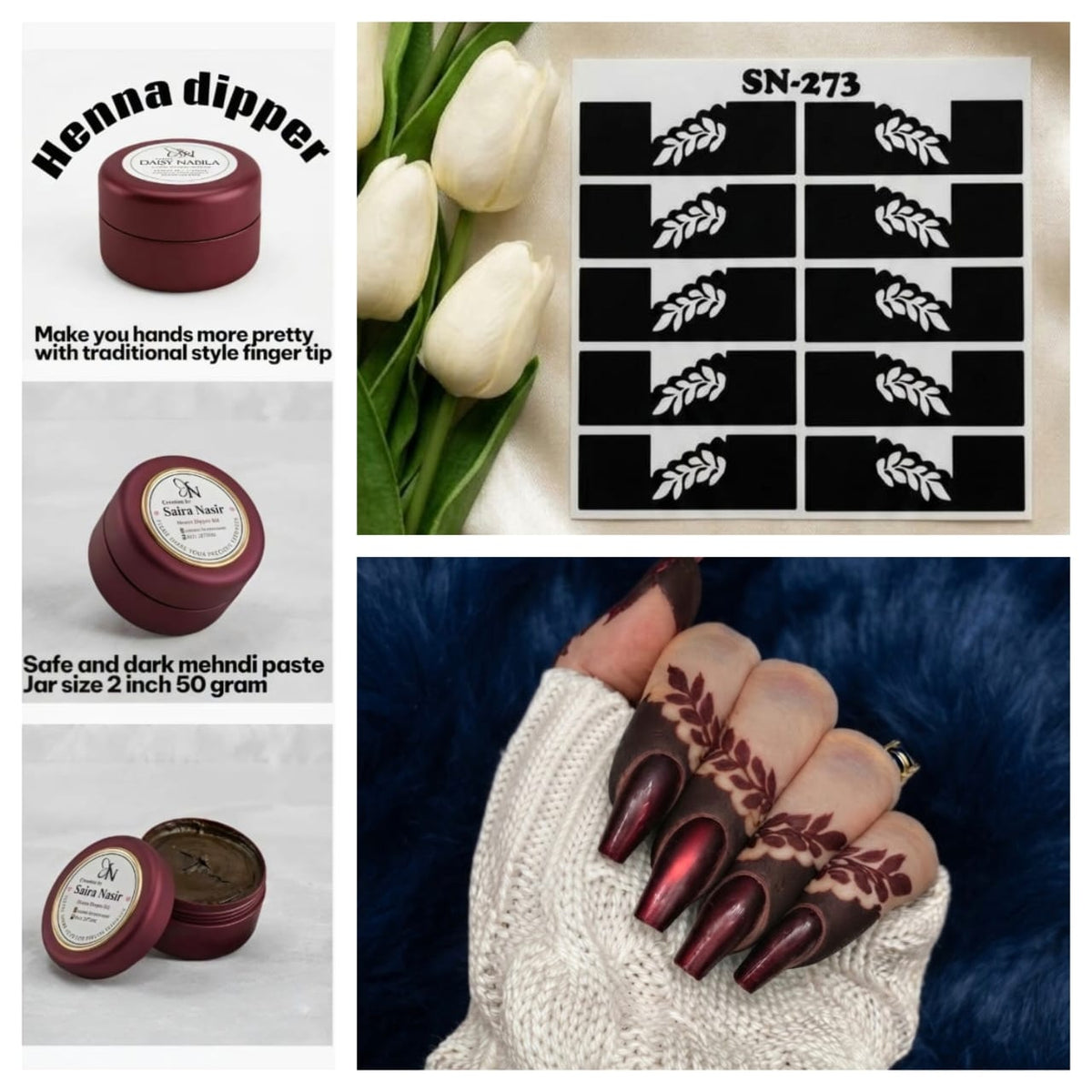 Henna Dipper Kit - Maroon Henna Dipper | Instant Henna Dipper Set with Finger Mehndi Stickers SN-273