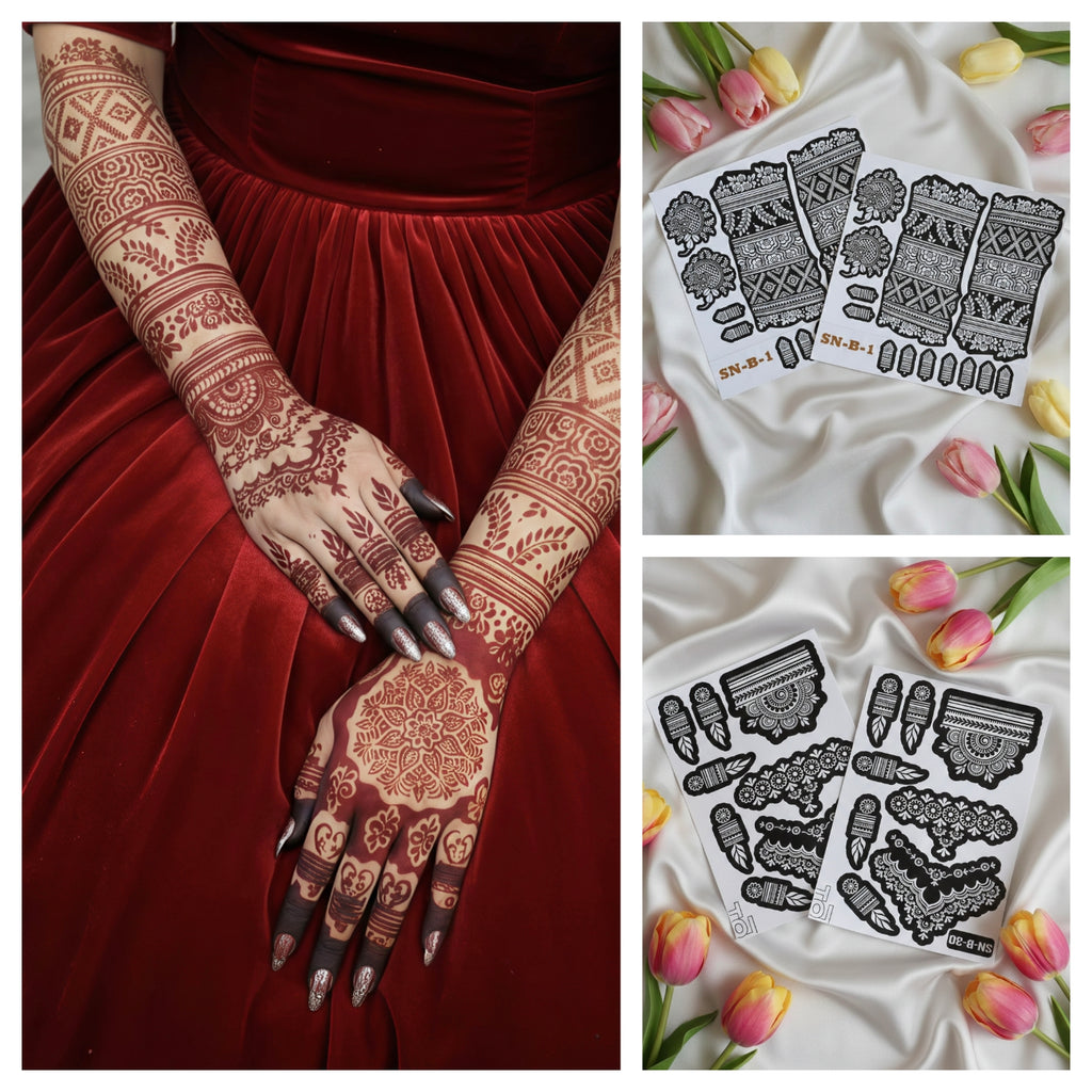 Bridal Mehendi sticker/ bridal henna stencils for four sides heavy bridal henna with free foot bunches sn B01 Snb04